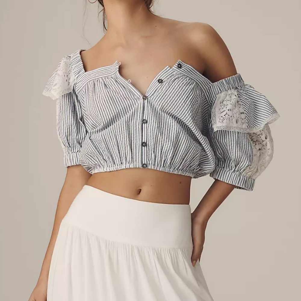 Maeve Ruffle Blue White Stripes Lace Puff Sleeves Button Cropped Blouse Top XXS